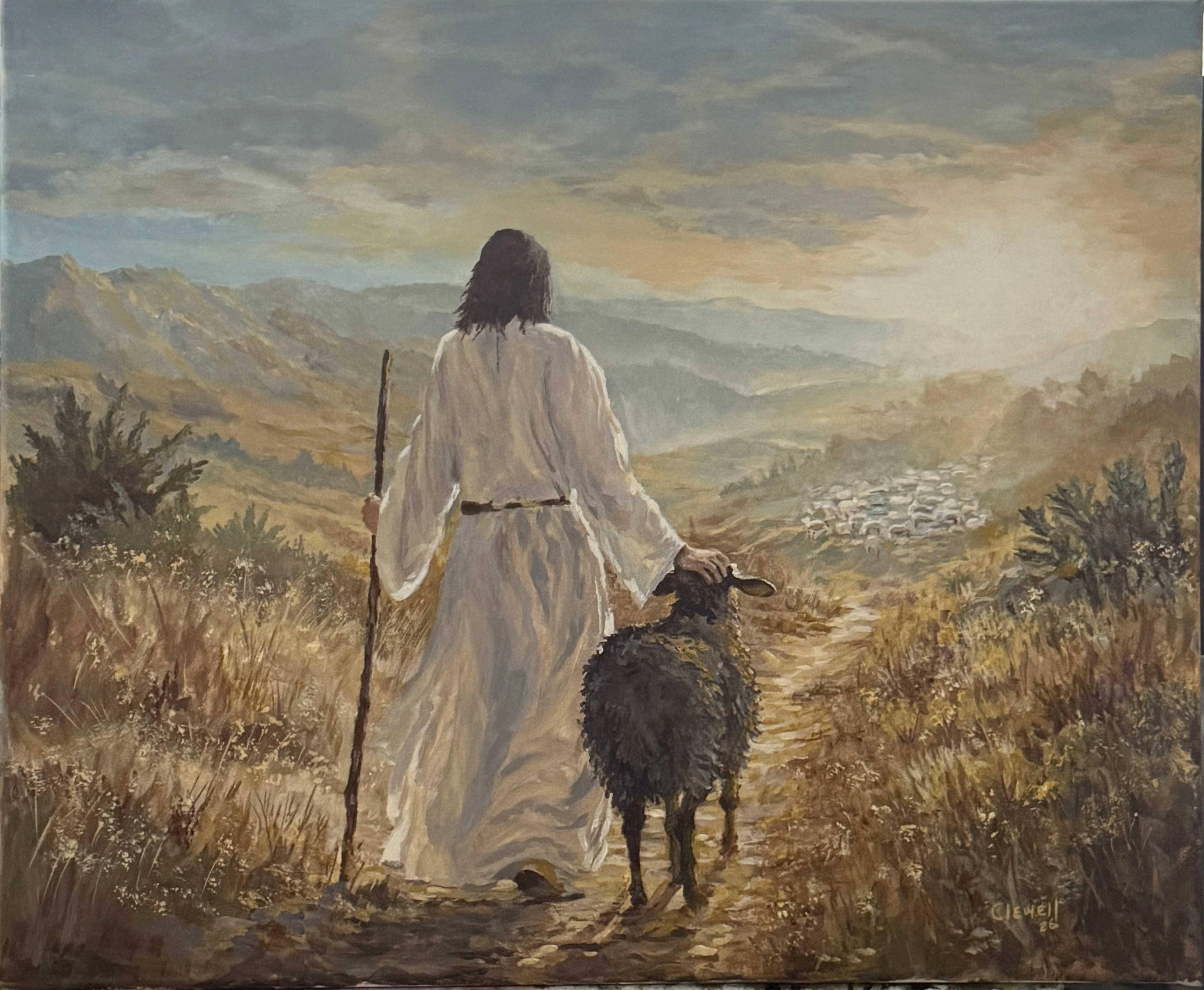A robed figure walking beside a dark sheep through a sunlit mountain valley