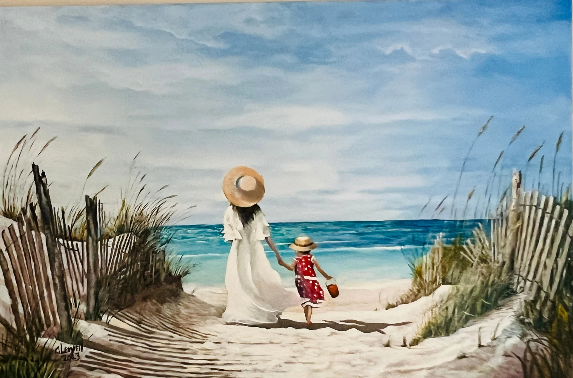 Watercolor of a woman and child walking a sandy beach path through dune fencing and sea grass toward the ocean