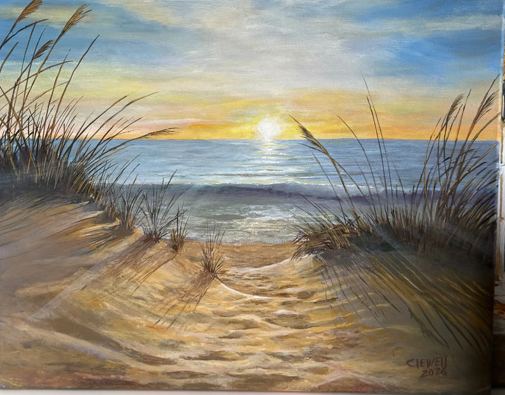 Oil painting of a sandy dune path through beach grass opening onto the ocean at golden hour