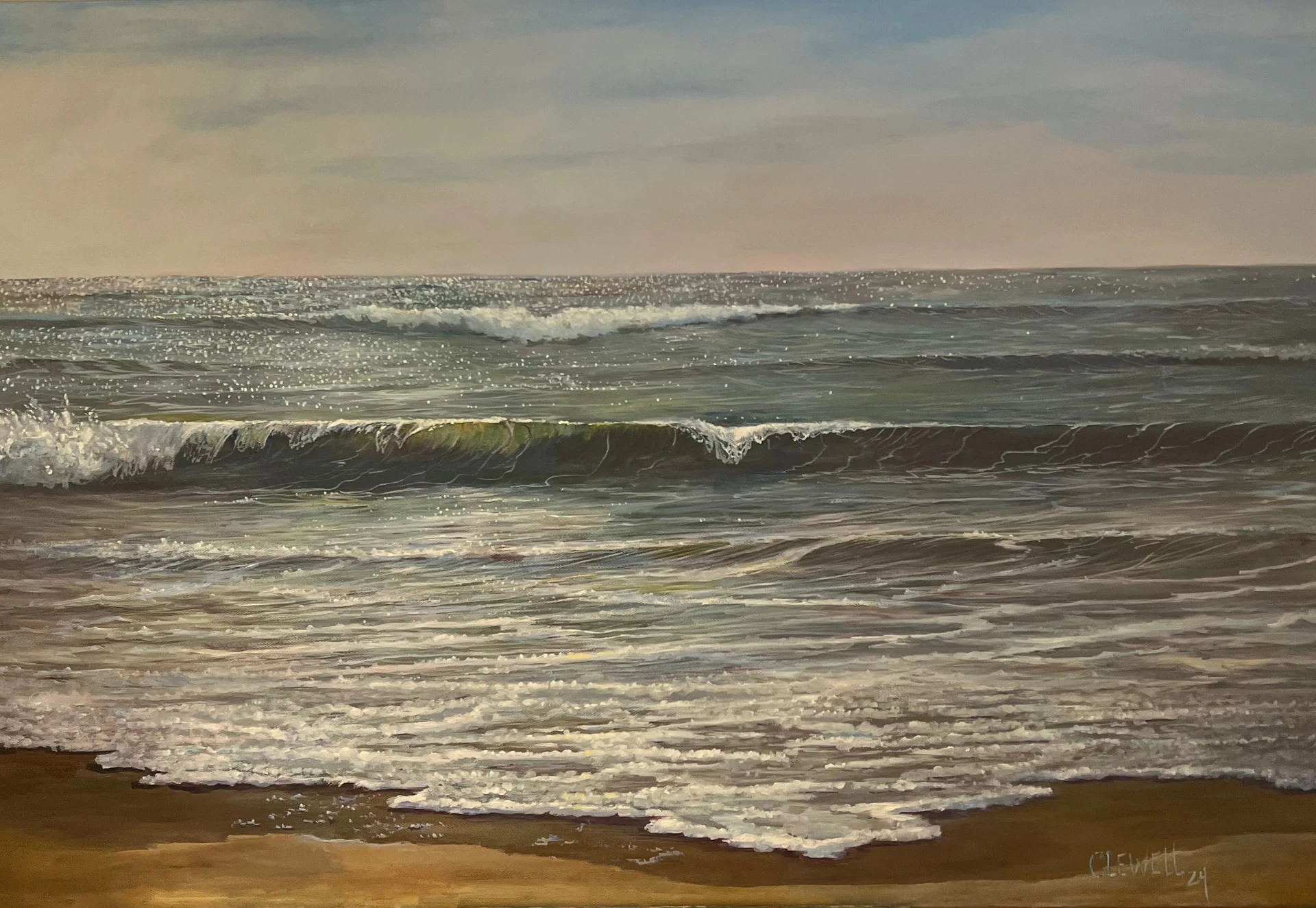 Oil painting of a close ocean wave with a cresting breaker, foam detail, and a warm dusk sky