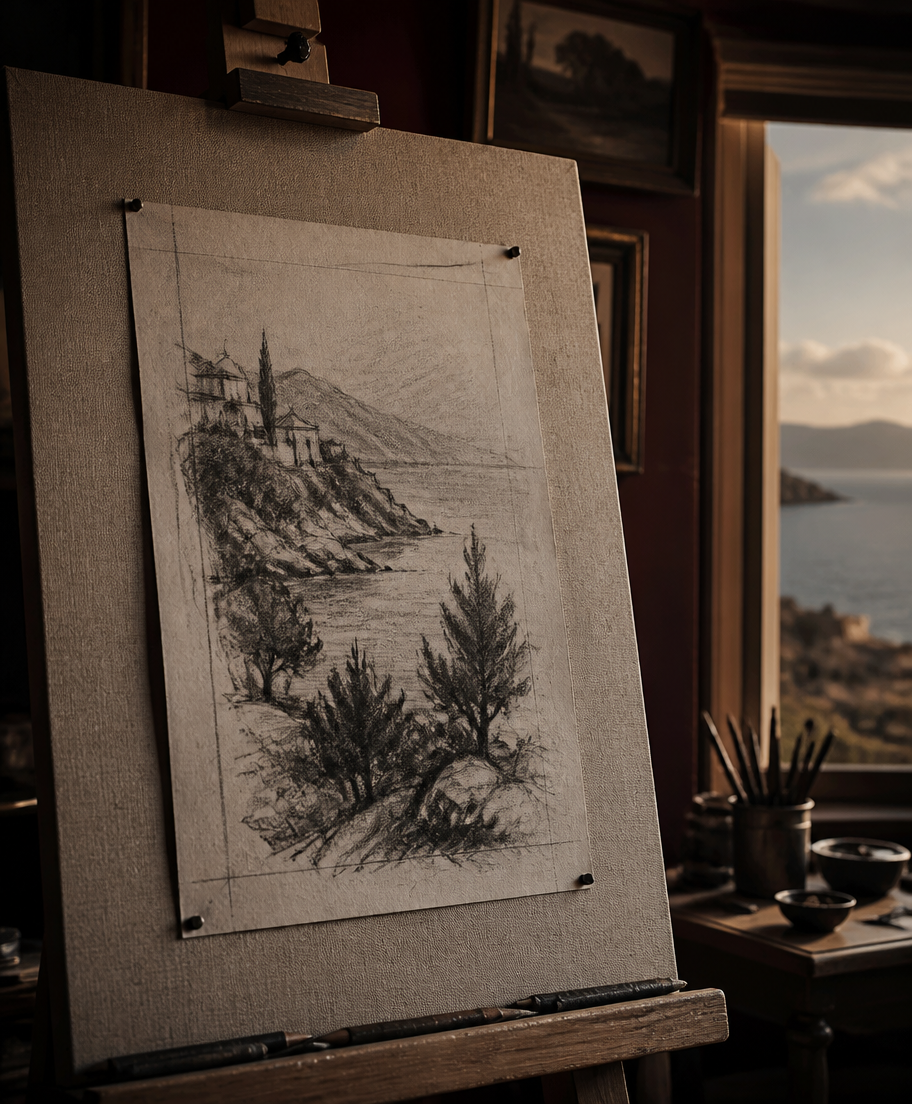 An artist sketch pinned to raw linen canvas