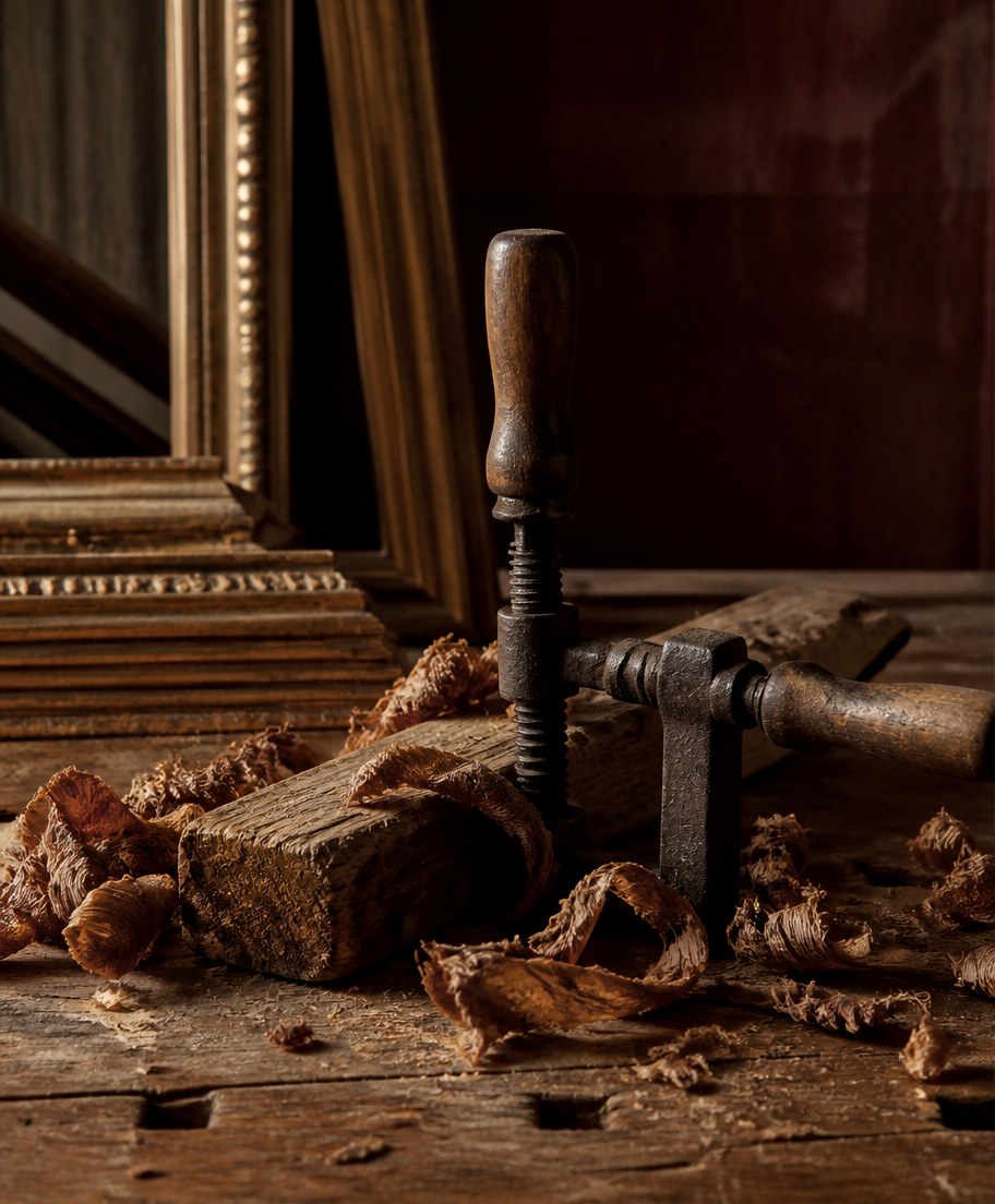 Wood shavings and a hand clamp in a frame workshop