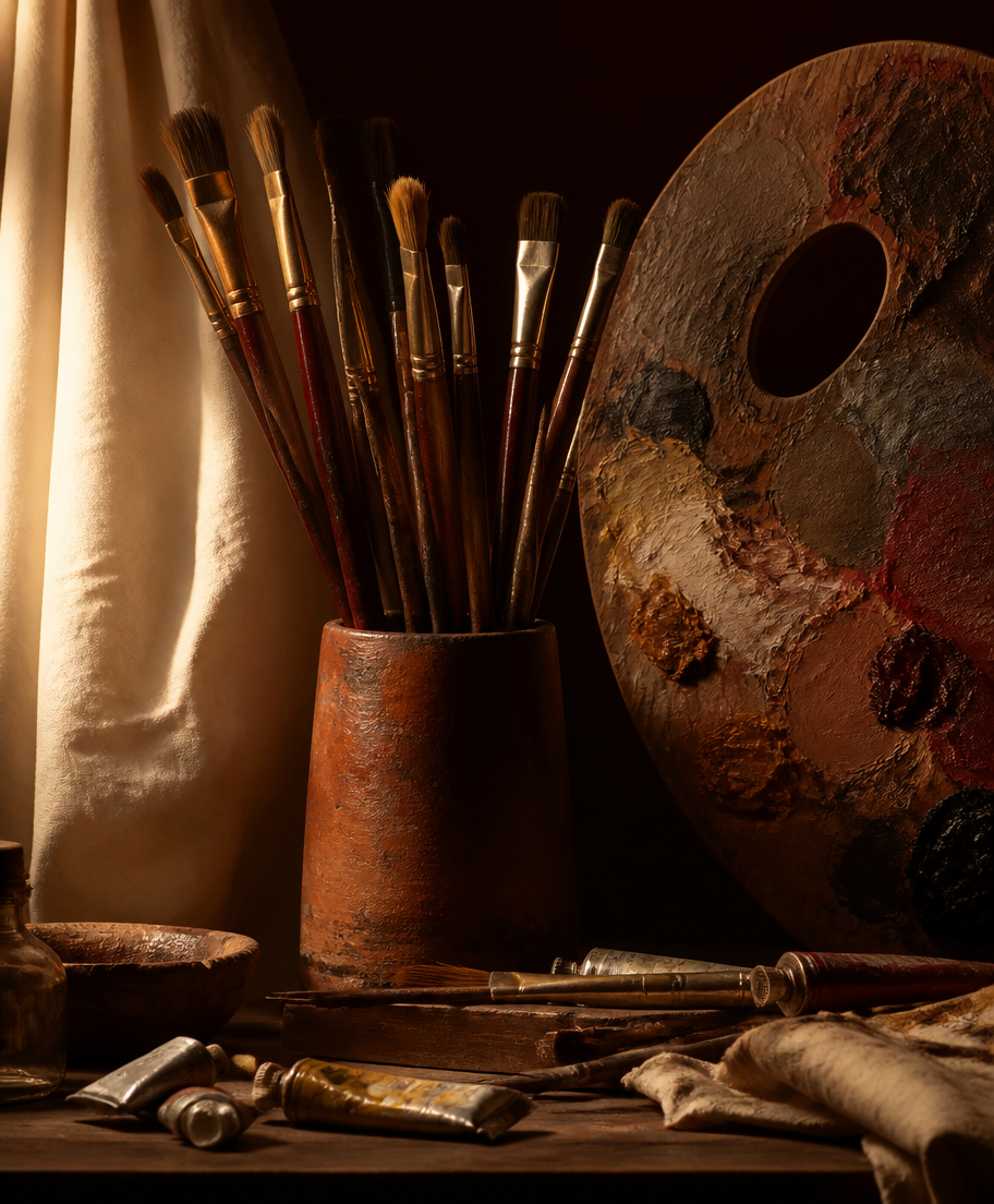 Paintbrushes and an artist palette in warm studio light